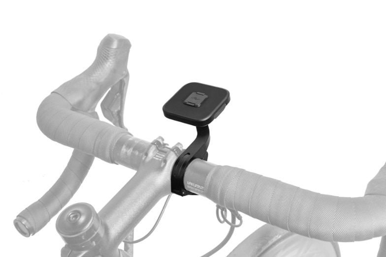 Close-up of the Peak Design Front-View Bike Mount V2 mounted on handlebars, showcasing its secure fit and sleek design.