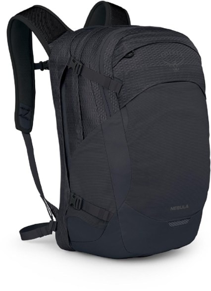 Front view of the Osprey NebulaFlow 32 commuter backpack with laptop pocket open