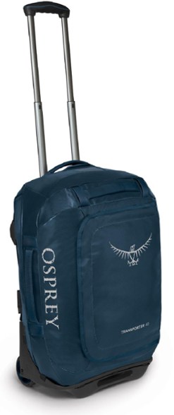 Front angled view of the wheeled duffel bag showcasing extendable handle and weather-resistant material