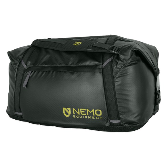 NEMO AquaVoyage 70L Convertible Travel Duffel in use for camping, showcasing its waterproof and durable design.