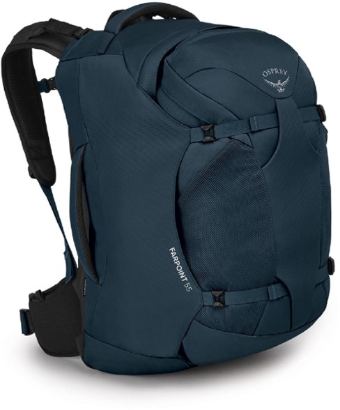 Front angle of Osprey Farpoint travel backpack showing dual compression straps and breathable harness