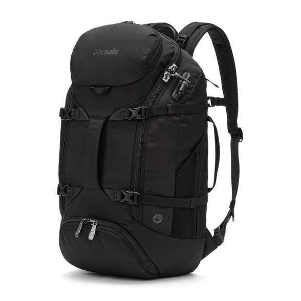 Pacsafe UrbanSafe 35 Anti-Theft Backpack showing RFIDsafe pockets and locking zippers.
