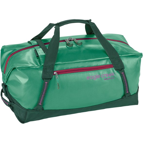 Eagle Creek Migrate 60L duffel bag shown from the side with backpack straps folded away.