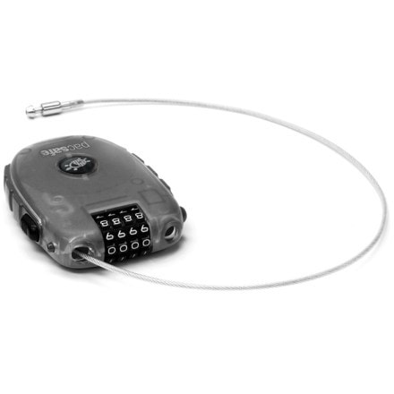 SecureTravel Cable Lock 250 in use, securing a backpack to a luggage rack