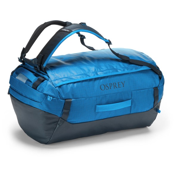 Osprey Adventure 65L duffel bag showcasing its durable water-resistant fabric and spacious interior.