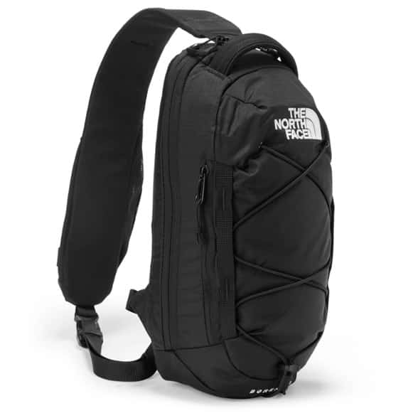 North Face Borealis sling bag front view showing external bungee system and tablet sleeve