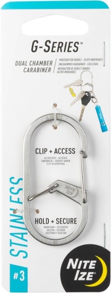 Versatile stainless steel carabiner keychain showcasing its unique two-chamber design for secure key storage.
