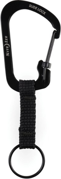 Close-up of the SecureLock Aluminum Key Ring Clip showcasing its locking carabiner and nylon strap.