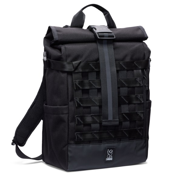 Front view of the waterproof backpack showing roll-top closure and cargo net