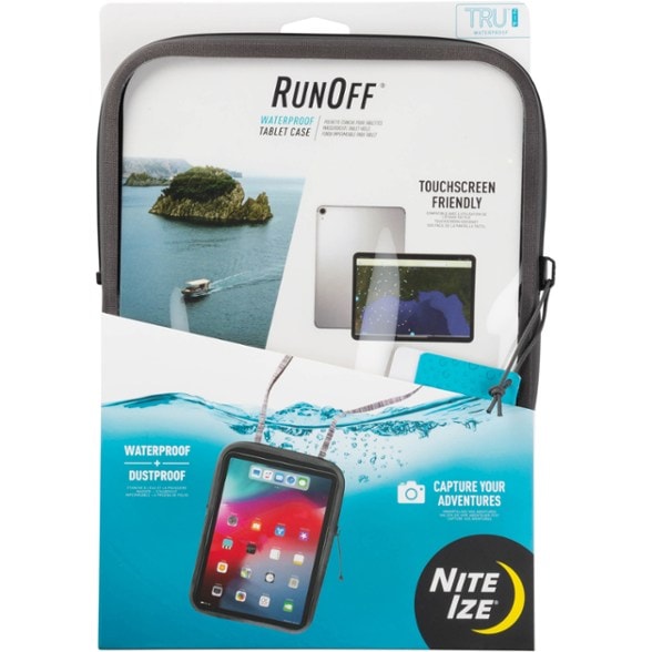 Front view of the waterproof case securely holding a tablet, perfect for beach or trail use