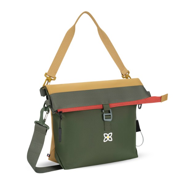 Front view of the waterproof bag showing RFID features and fold-over top design