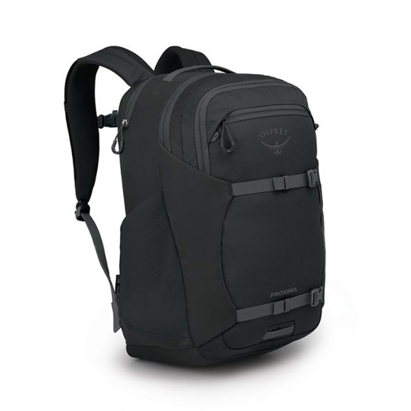Osprey Proxima 30L backpack featuring a side view with skateboard attachment.