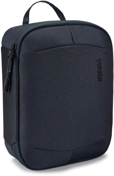 Open durable travel pouch showing zipper compartments for cords and small electronics
