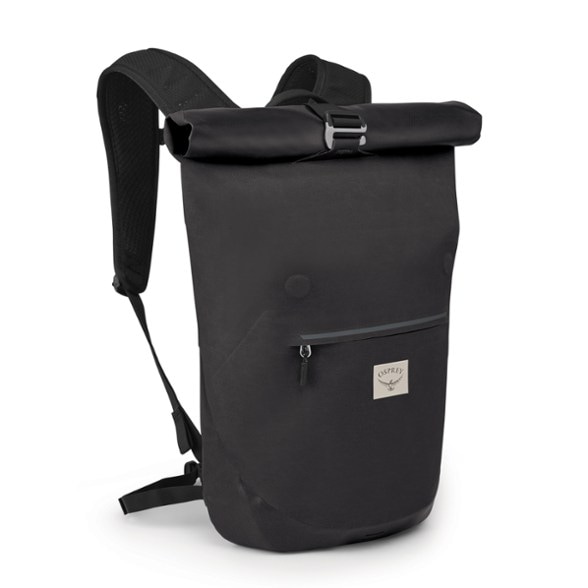Close-up of Arcane waterproof backpack with roll-top closure and reflective graphics, ideal for urban travel