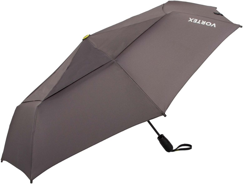 Vortex 43-inch umbrella open in windy conditions, showcasing its vented design.