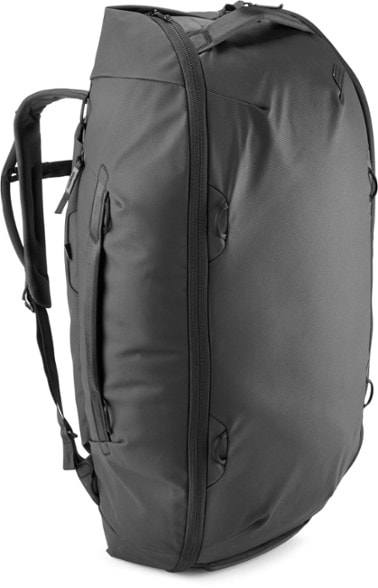 Front view of Peak Design 65L Expandable Travel Duffel with ergonomic straps for comfort.