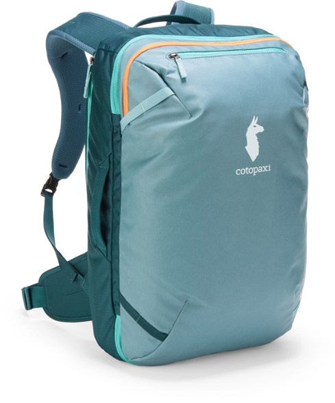 TrailNest 35L travel backpack angled side view showing stretch water bottle pocket