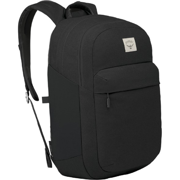 Front view of Osprey Arcane XL travel backpack showcasing the J-zip access.