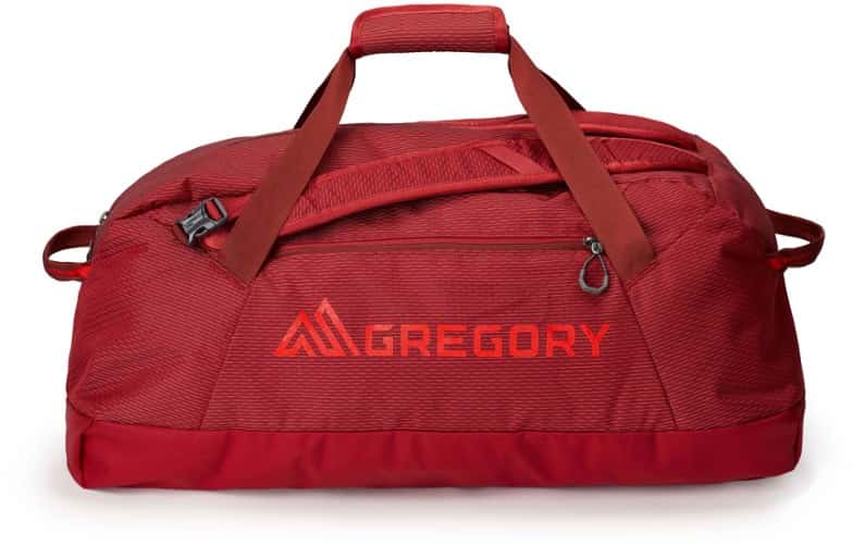 Front angle of the duffel bag showing reinforced base and gear loops