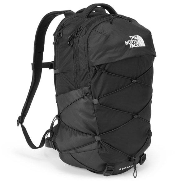 Front view of the VentureFlow 28L unisex travel backpack, showcasing its external bungee system and sleek design.