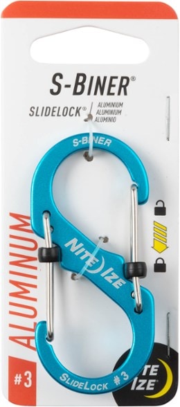 Nite Ize SecureSlide Carabiner #3 showing dual gates and aluminum construction, perfect for outdoor gear.