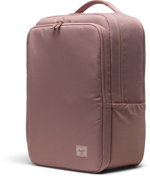 Front view of the EcoTrek travel backpack featuring compact dimensions and trolley sleeve