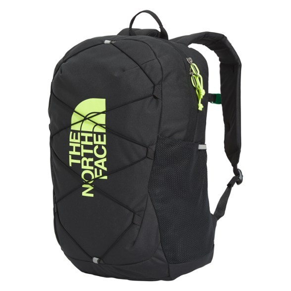 Front view of the SummitStride tween backpack with bungee cord securing a rolled jacket