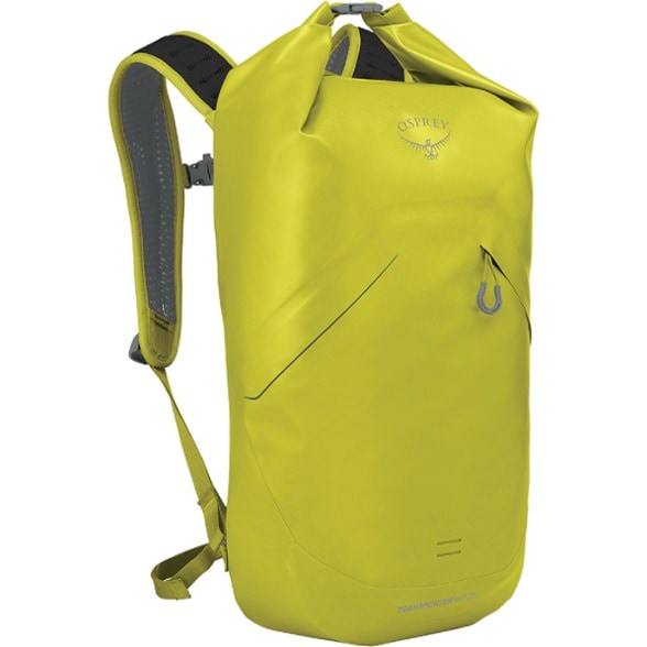 Eco Voyager Roll-Top Waterproof Backpack from a side angle, showcasing its sturdy design and reflective graphics.