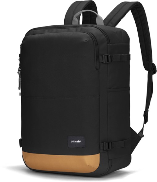 Pacsafe GO 34L backpack shown in travel mode with luggage handle pass-through